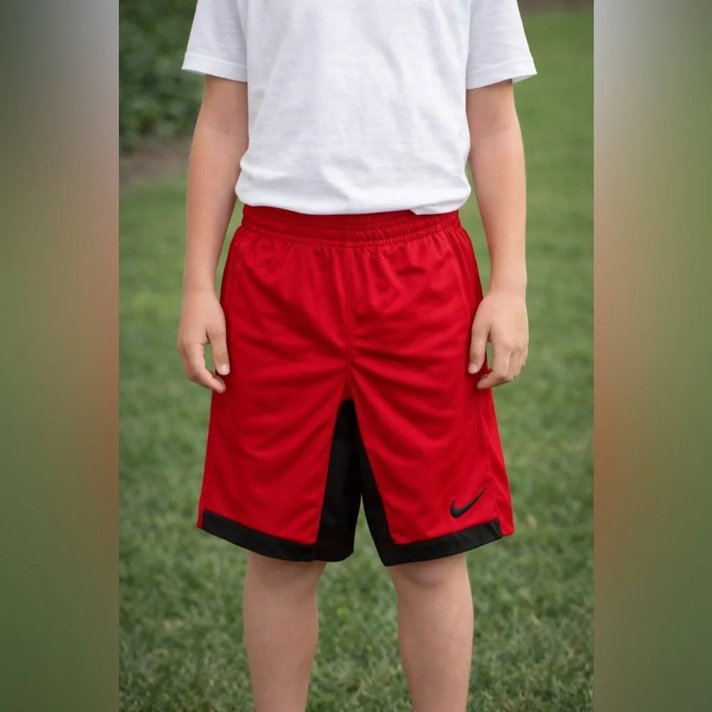 Nike Boys athletic dri-fit shorts red/black with pockets and cinch waist - M
